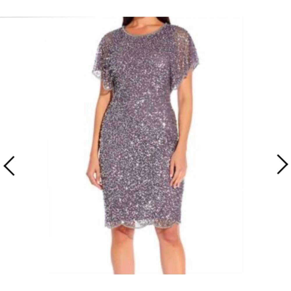 Adrianna Papell Womens Sequin Flutter Sleeve Sheath Dress Moonscape Size 4 NWT